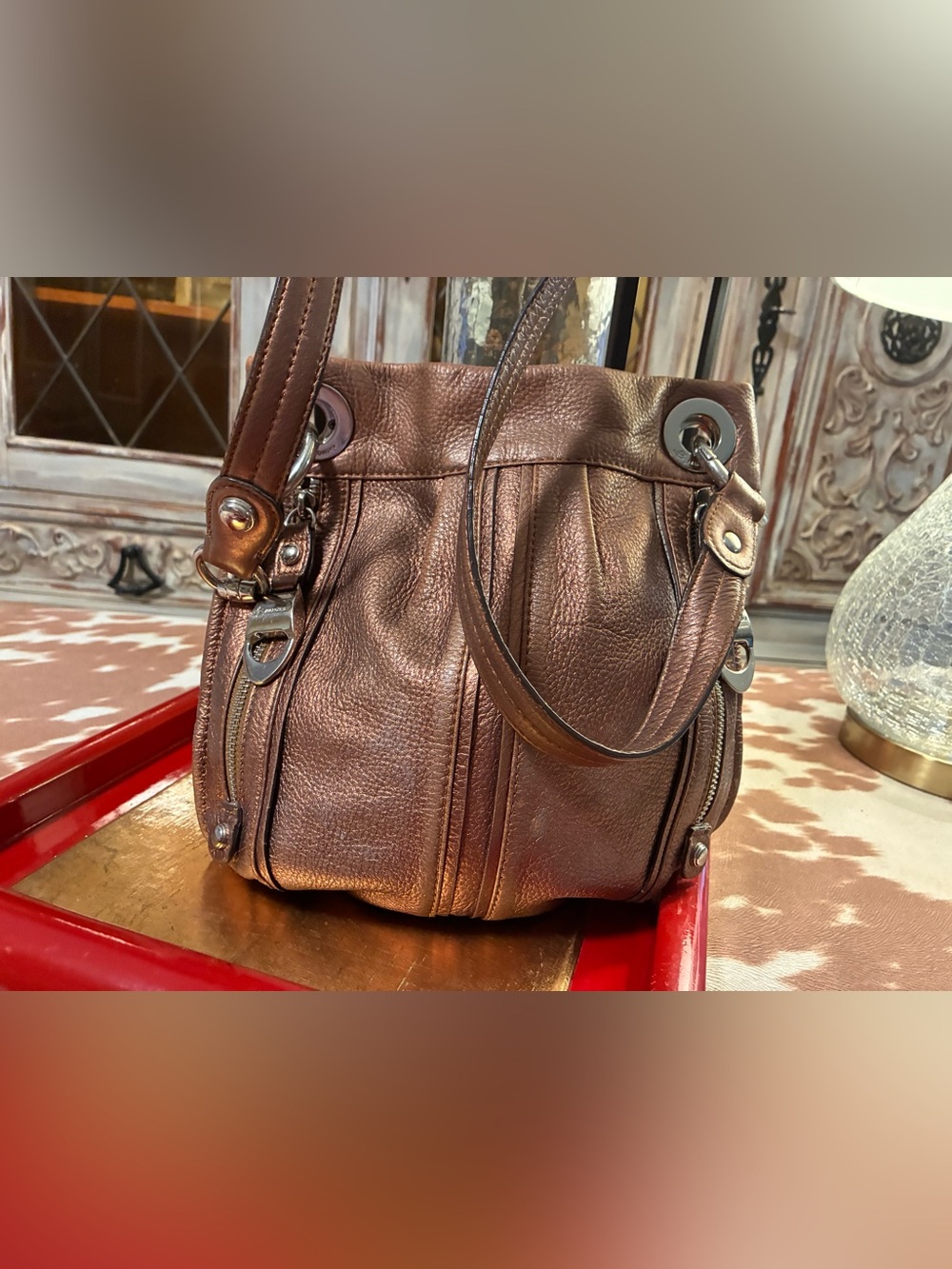 B Makowsky  soft metalic bronze Leather Shoulder Bag with Adjustable Straps
